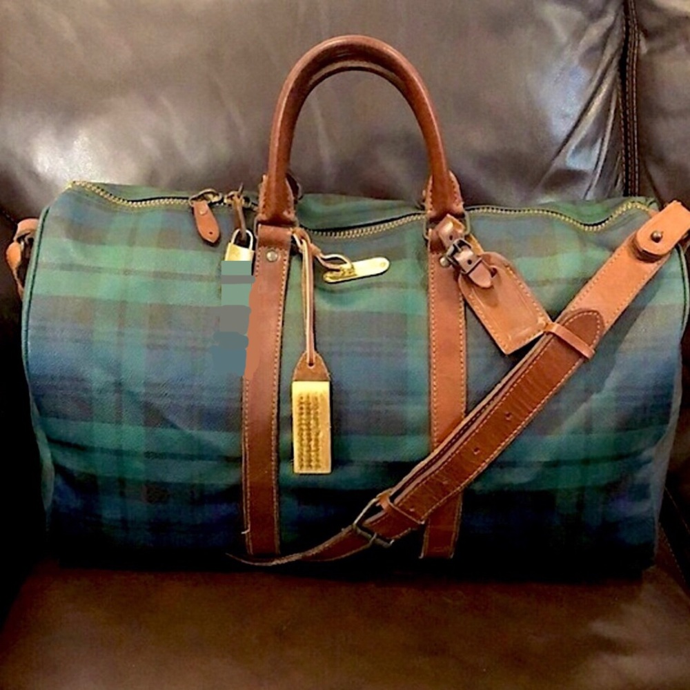 RALPH LAUREN Black Watch Plaid Duffle Boston Travel Shoulder Bag 48cm